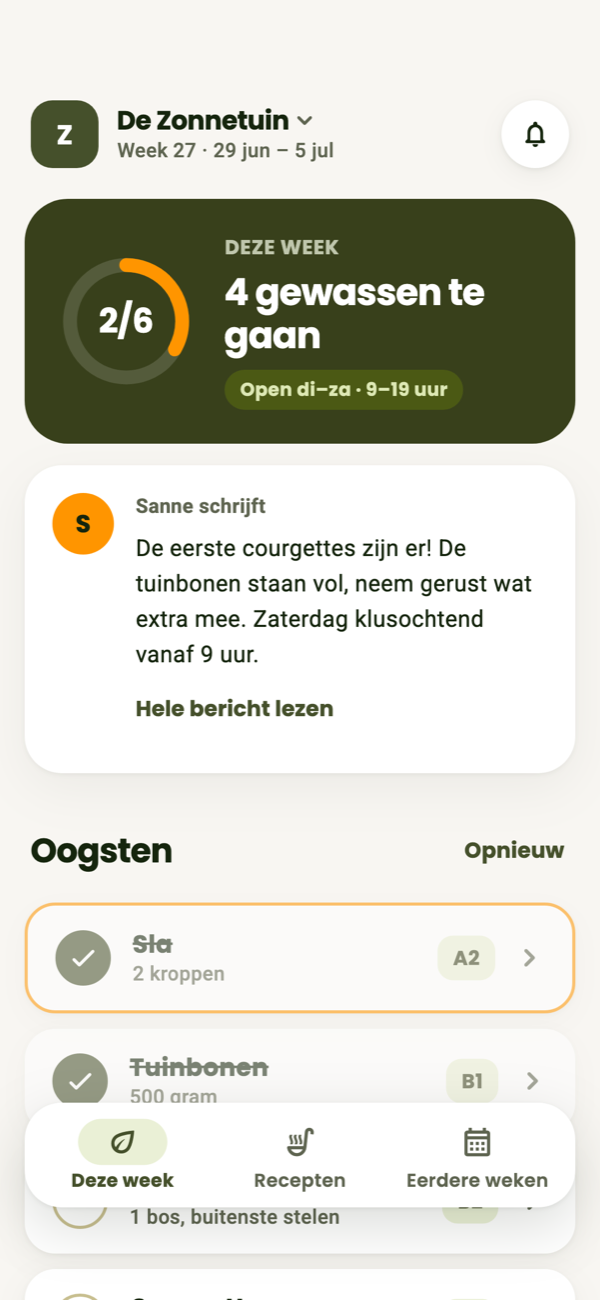 De oogstweek in de app: 4 gewassen te gaan, het bericht van de tuinder en de afvinklijst