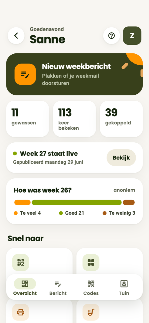 Het overzicht voor de tuinder: gewassen, keer bekeken, gekoppelde telefoons en feedback